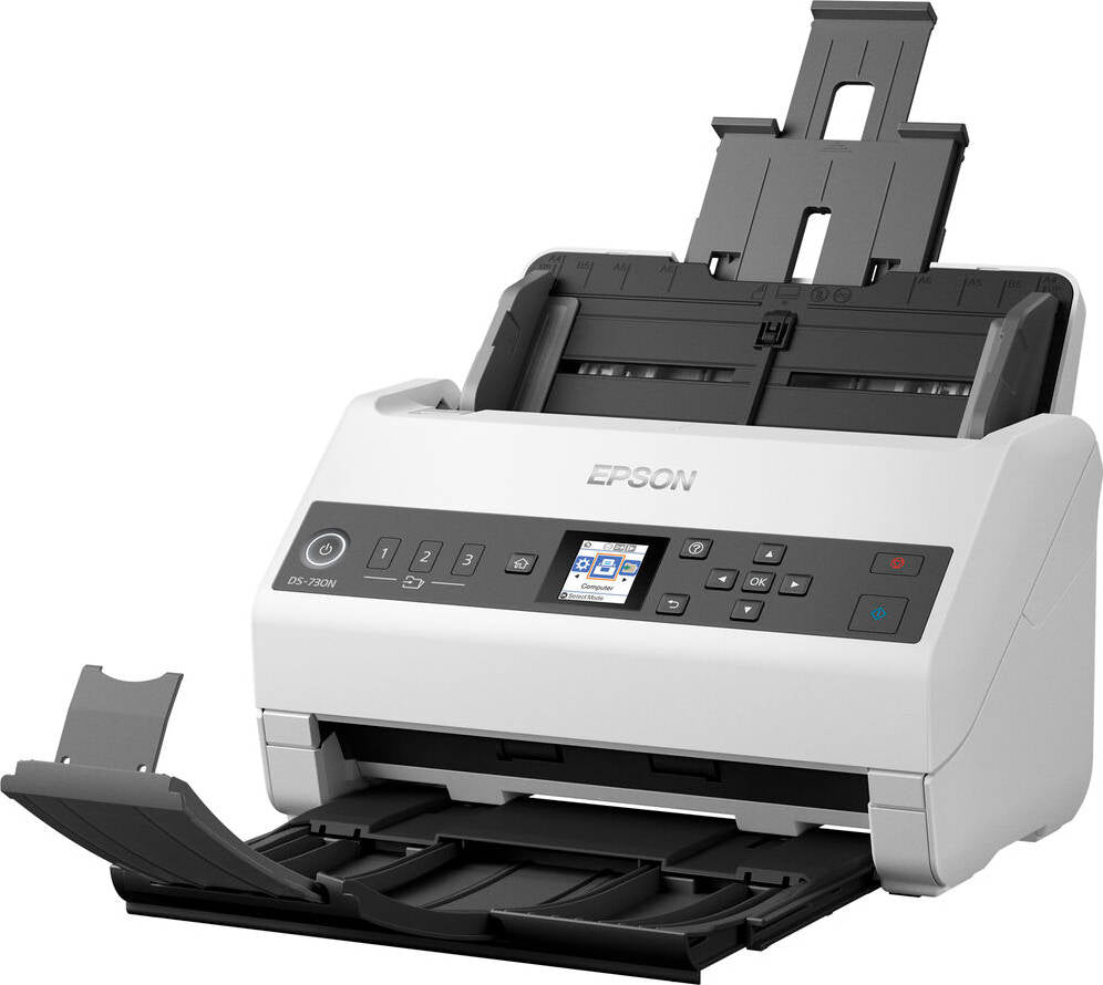 إبسون وورك فورس DS-730N ماسح ضوئي شبكي بتغذية الورق من إبسون، دقة 600 نقطة في البوصة، سرعة مسح ضوئي بسيطة 80 صفحة في الدقيقة، دورة عمل يومية 4500 ورقة، توصيل يو إس بي 3.0 وإيثرنت، أبيض | B11B259401BB