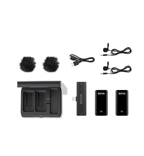 BOYA 2.4GHz Wireless Microphone for Mobile Devices (2 Transmitters + 1 Receiver with Lightning Jack) – Black