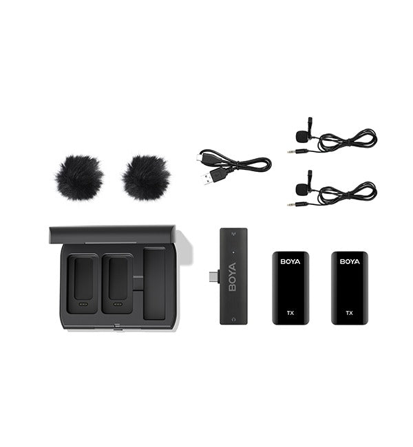 BOYA 2.4GHz Dual Transmitter Wireless Microphone Kit for Mobile Devices (Type-C, 2 Transmitters + 1 Receiver) – Black