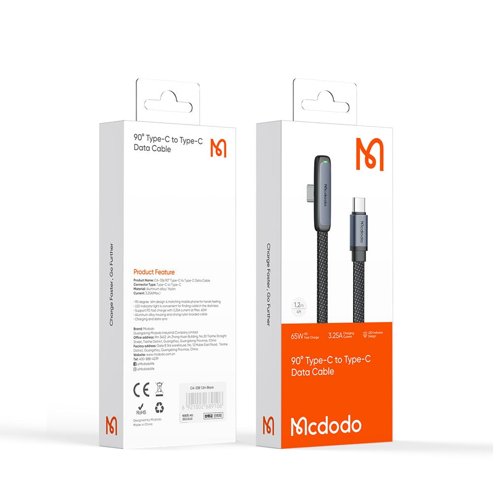Mcdodo 65W Type-C to Type-C 90 Degree Gaming Data Cable 1.2m – CA-3360