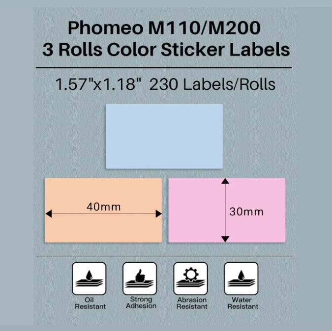 Phomemo Printer Labels 40 X 30mm Square Colored Labels – 3 Rolls (230 Labels/per roll) - XP-M01