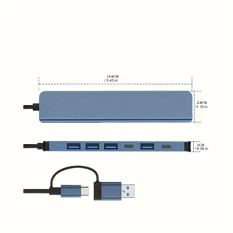 7-in-1 Aluminum USB-C Hub Adapter - 1 USB 3.0, 4 USB 2.0, 2 USB-C Ports Splitter