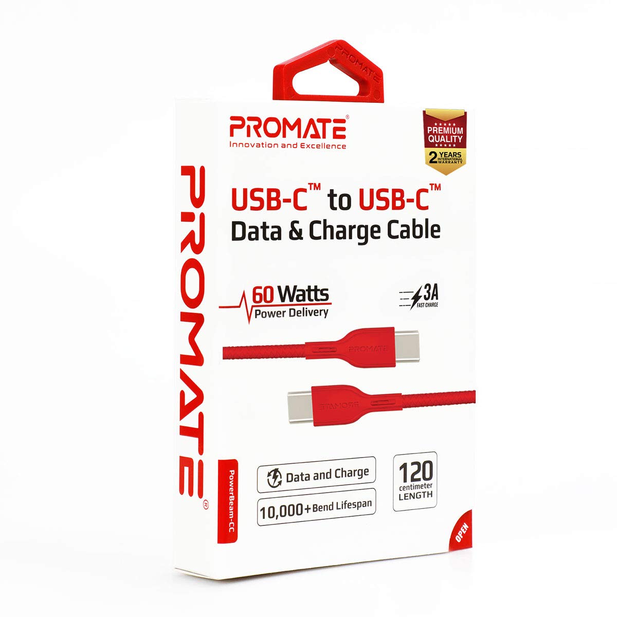 Promate Powercord USB-C to USB-C & Charger Cable – 2 Metre/ Red