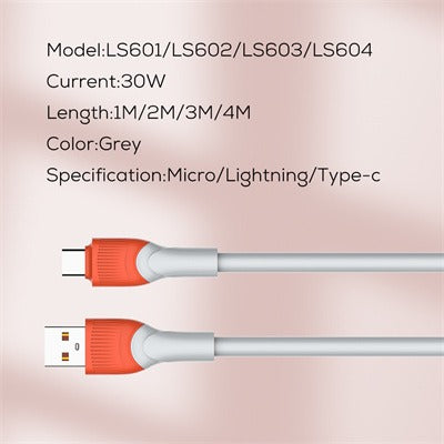 كابل البيانات Ldnio Thickness TPE - USB3.0 إلى لايتنينج / 30 واط / 2 متر - LS602
