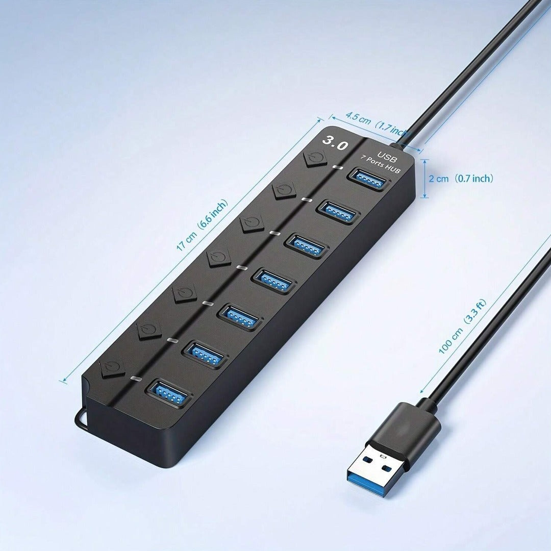 7-in-1 USB 3.0 Hub Splitter – 7 Ports Extender with Switch, 30cm Cable for Laptop PC