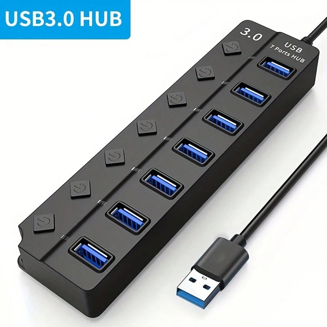 7-in-1 USB 3.0 Hub Splitter – 7 Ports Extender with Switch, 30cm Cable for Laptop PC