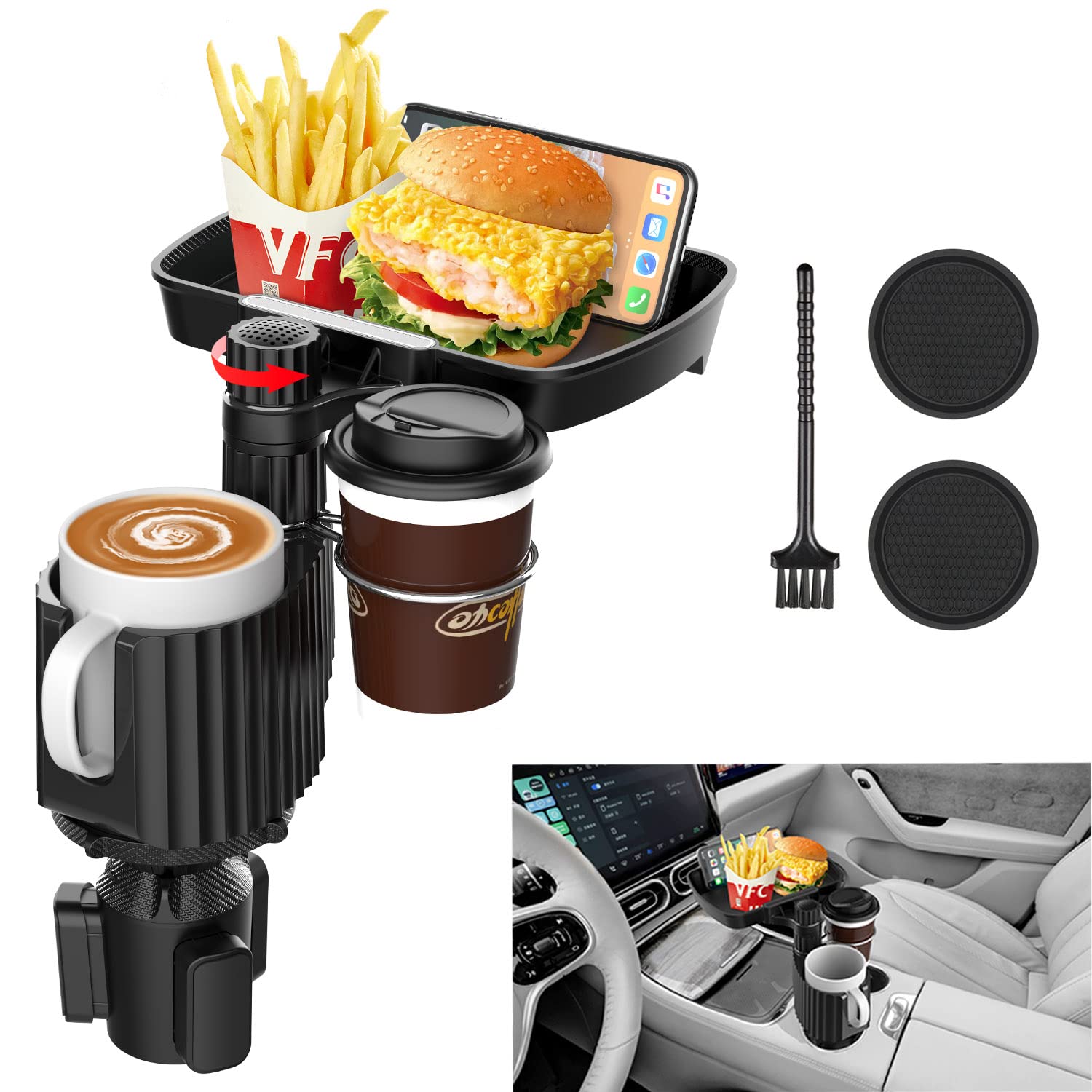 Vacallity Car Cup Holder Expander Tray – Adjustable Base / Road Trip Essentials / Other Large Bottles, Mugs
