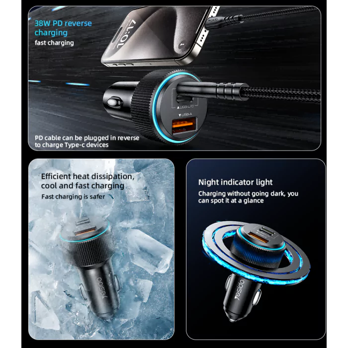 Yesido Y60 38W Car Charger - Built-in Type-C Cable