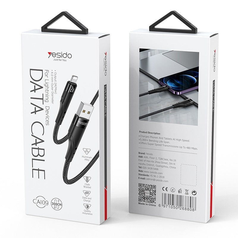 Yesido CA109 2A USB to Lightning Charging Data Cable – Black / 3m