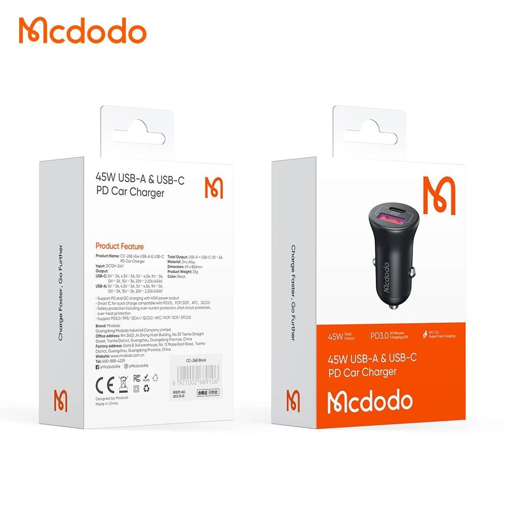 شاحن السيارة Mcdodo CC-2680 شاحن السيارة USB+USB-C PD ثنائي المنفذ، 45 واط، 5 أمبير