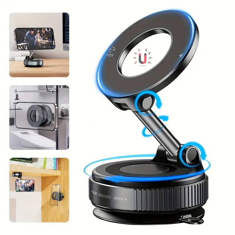 Super Strong N52 Magnetic Phone Holder – 360° Rotatable & Foldable Aluminum Alloy Mount with Vacuum Suction Cup