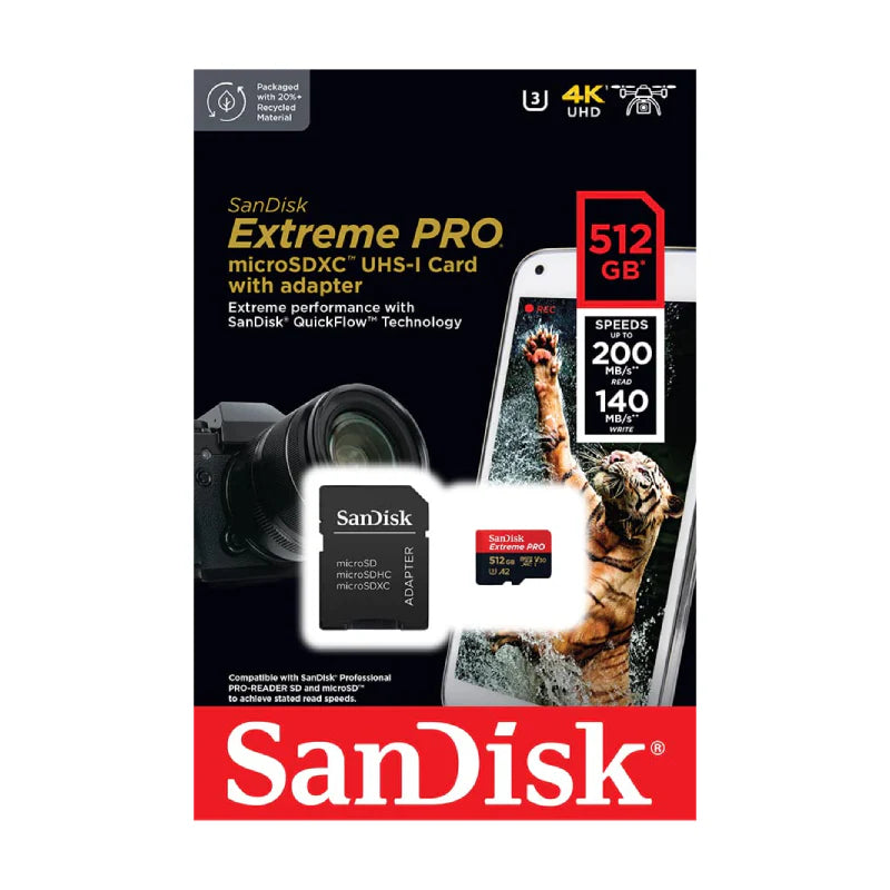 بطاقة سانديسك Extreme PRO microSDXC microSDXC UHS-I مع محول - 512 جيجابايت / حتى 200 ميجابايت/ثانية