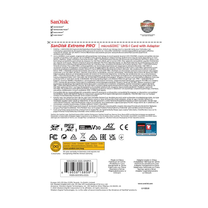 بطاقة سانديسك Extreme PRO microSDXC microSDXC UHS-I مع محول - 512 جيجابايت / حتى 200 ميجابايت/ثانية
