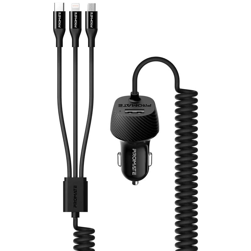 شاحن السيارة Promate VolTrip-Uni - منفذ USB 3.4 أمبير؛ كابل متعدد التوصيلات