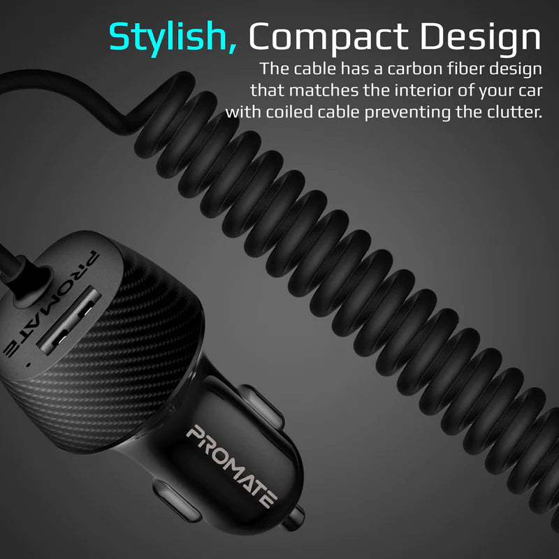 شاحن السيارة Promate VolTrip-Uni - منفذ USB 3.4 أمبير؛ كابل متعدد التوصيلات