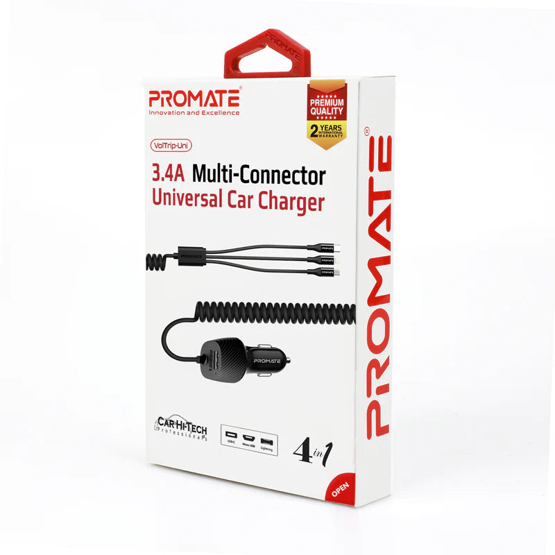 شاحن السيارة Promate VolTrip-Uni - منفذ USB 3.4 أمبير؛ كابل متعدد التوصيلات