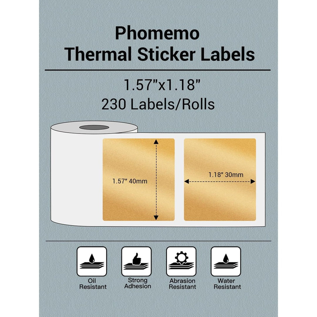 Phomemo Printer Labels 40 X 30mm Gold Glitter Square Label – 1 Roll (230 labels/per roll) – XP-GD4030