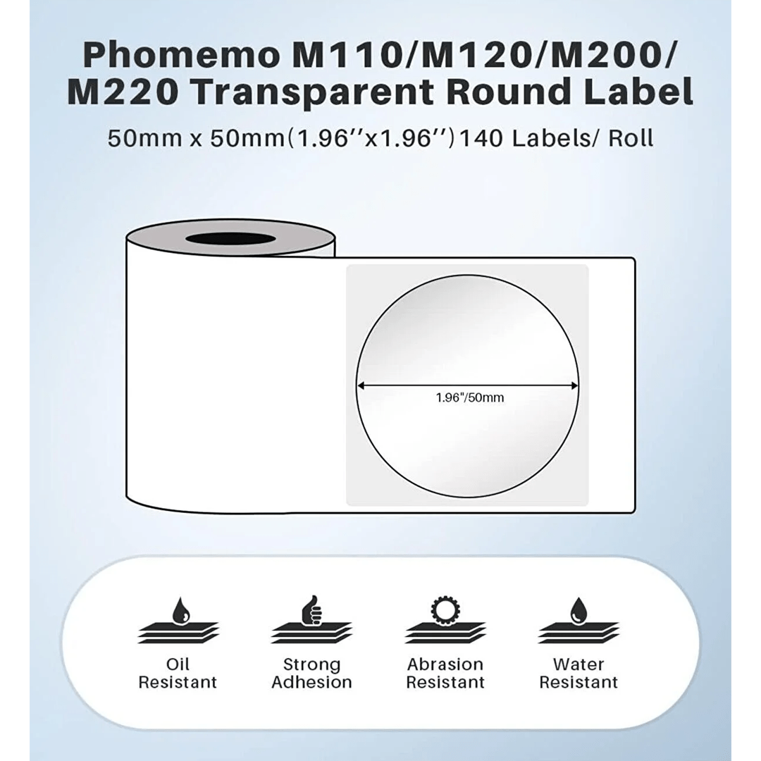 Phomemo Printer Labels 50 X 50mm Transparent Round Label – 1 Roll (140 Labels/per roll) – XY5050-TT