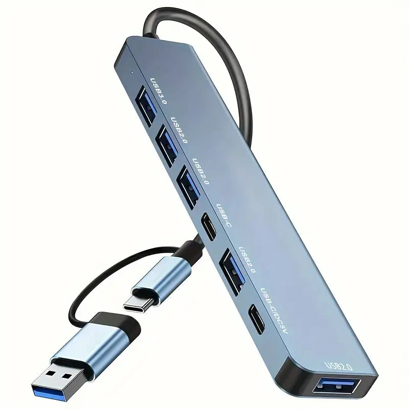 7-in-1 Aluminum USB-C Hub Adapter - 1 USB 3.0, 4 USB 2.0, 2 USB-C Ports Splitter