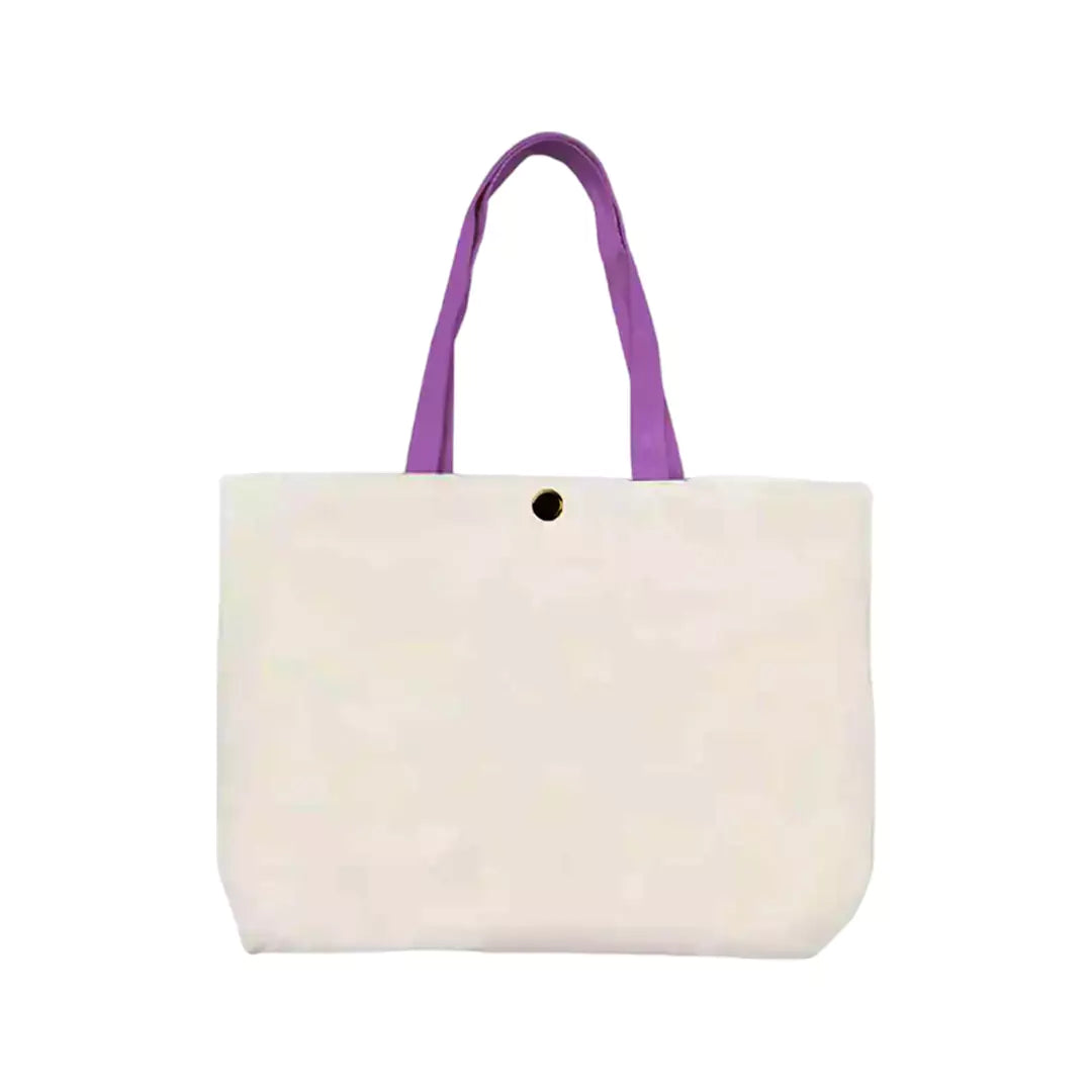 Plain Cotton Tote Bag with Button Closure and Colorful Handles – 8.5 in x 10.5 in/ Available in Multi-Color Handles/ Printing not Included