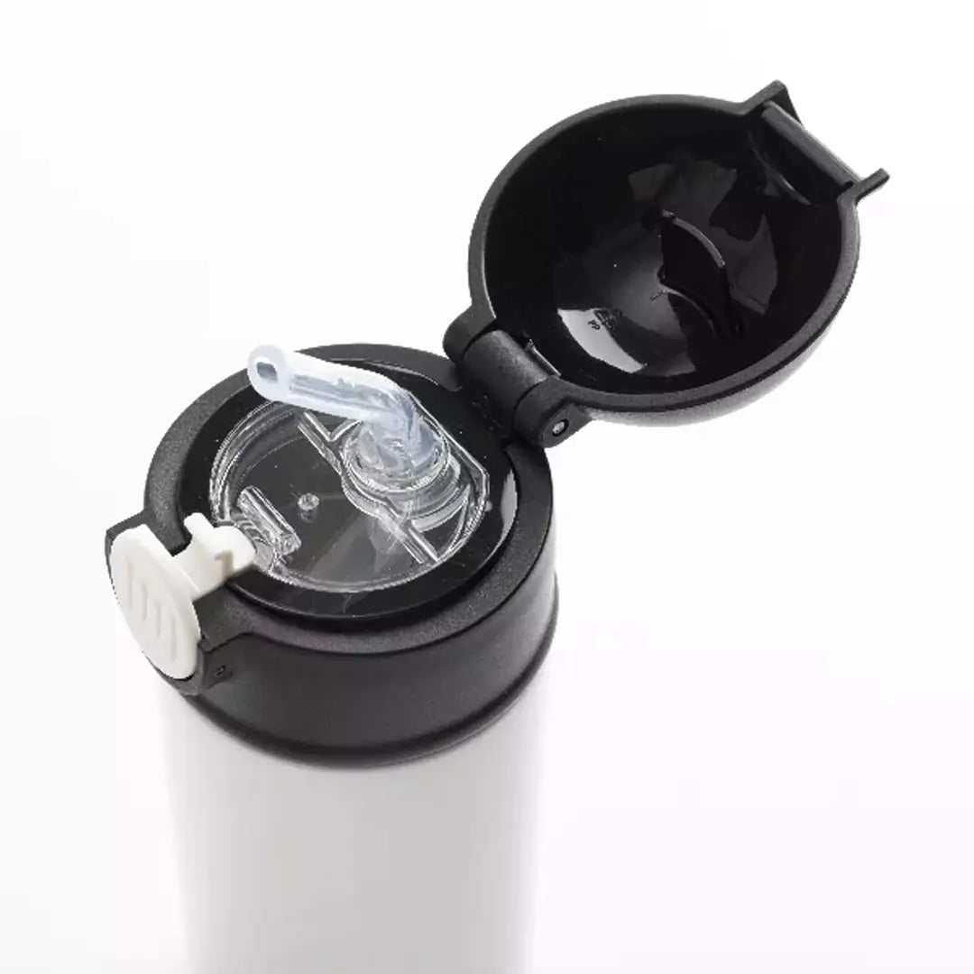 زجاجة مياه للأطفال من الفولاذ المقاوم للصدأ سعة 12 أونصة/360 مللي من الفولاذ المقاوم للصدأ مع ماصة بلاستيكية وغطاء أسود - أبيض