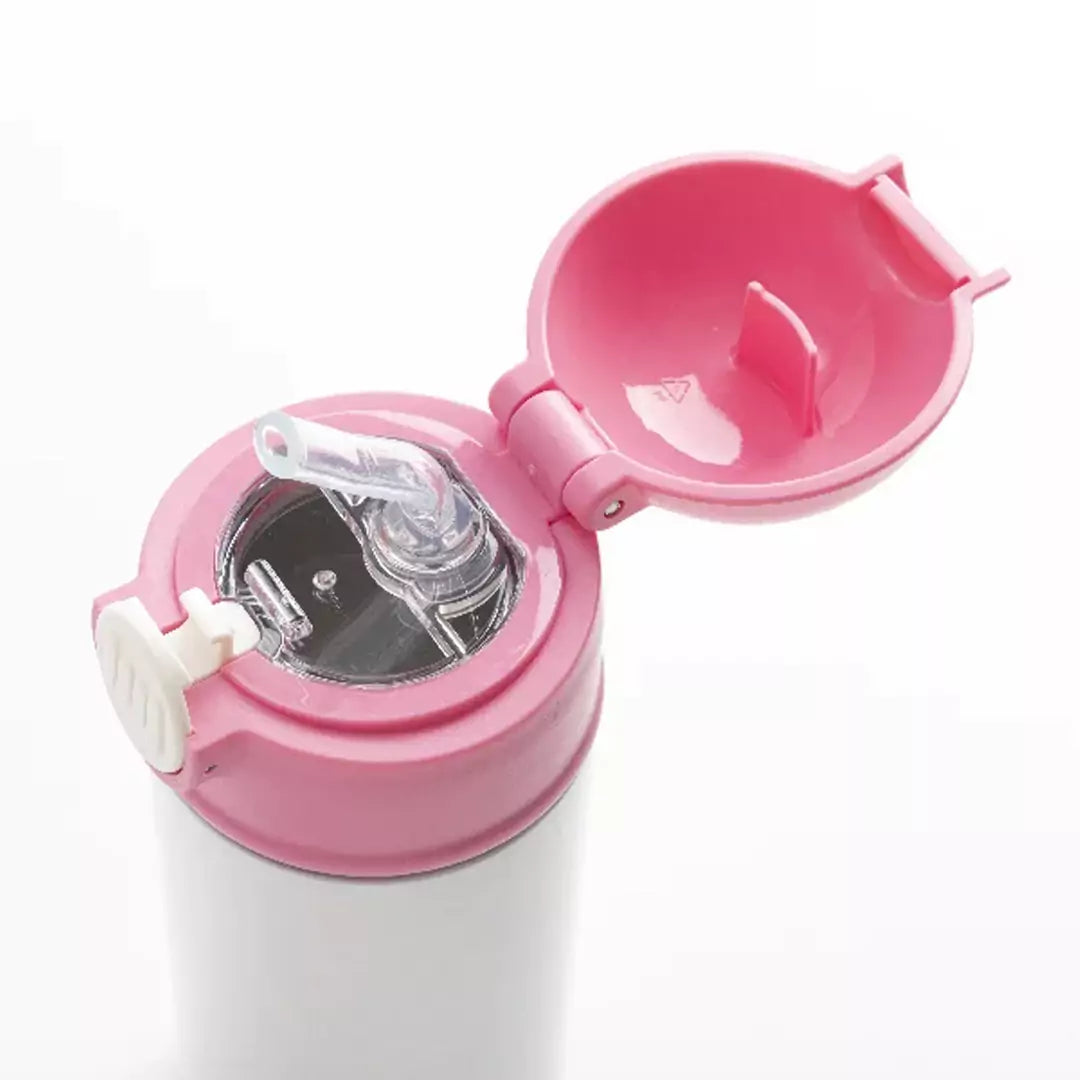 زجاجة مياه للأطفال من الفولاذ المقاوم للصدأ سعة 12 أونصة/360 مل مع قشة بلاستيكية وغطاء وردي - أبيض