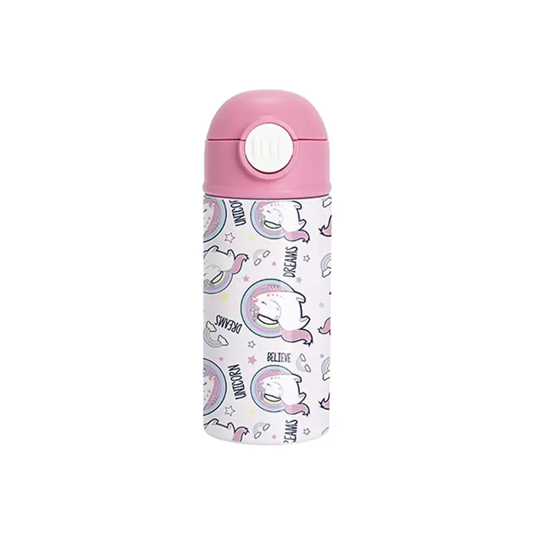 زجاجة مياه للأطفال من الفولاذ المقاوم للصدأ سعة 12 أونصة/360 مل مع قشة بلاستيكية وغطاء وردي - أبيض