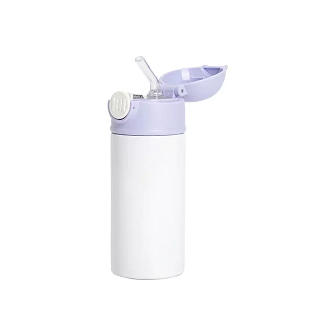 BestSub 12oz/360ml Sublimation Kids Stainless Steel Water Bottle with Plastic Straw & Purple Cap - White