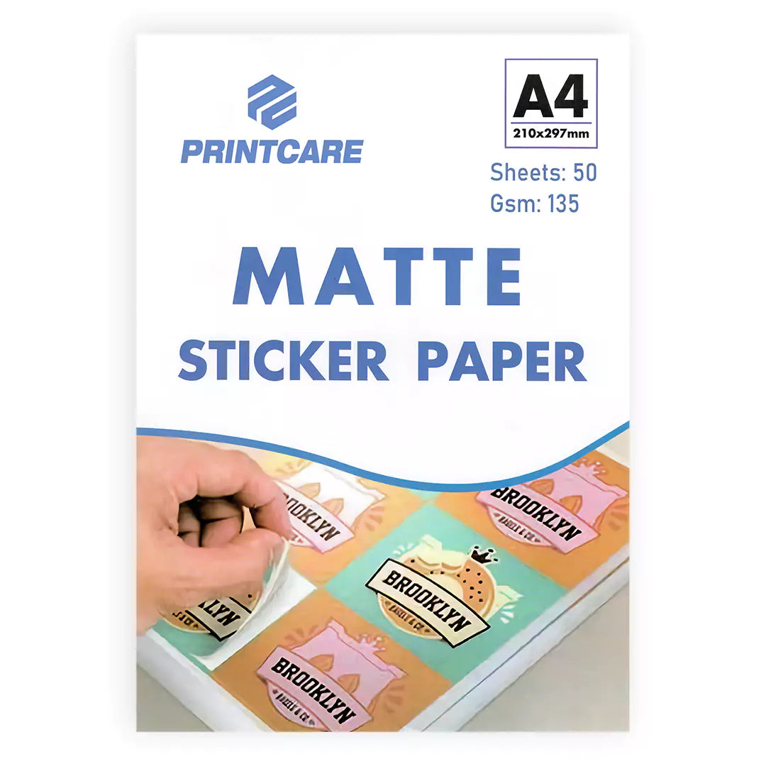 Print Care Matte Photo Sticker Paper - A4/ 135 GSM/ 50Sheets/ Inkjet Printer