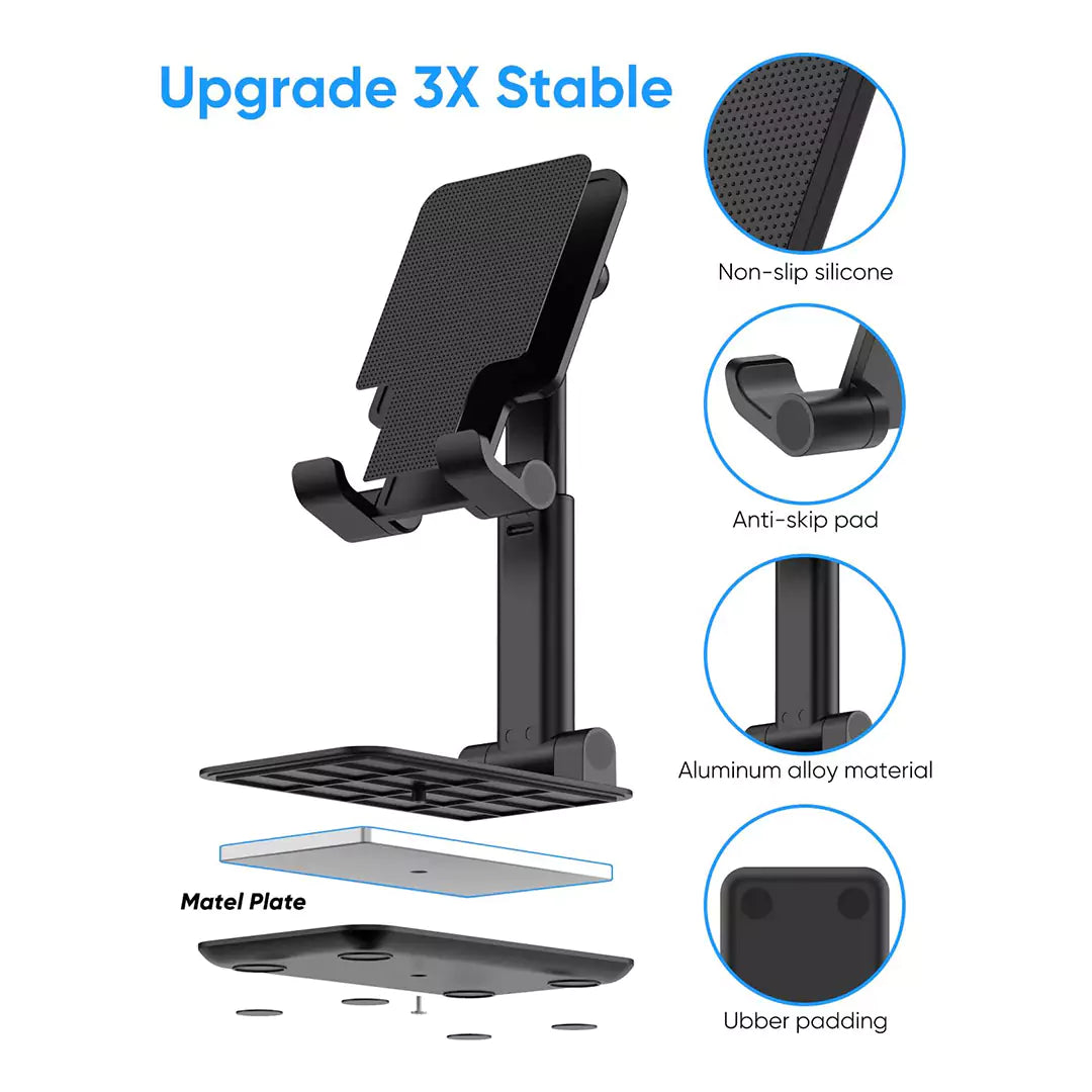 Adjustable Foldable Cell Phone & Tablet Stand – Height & Angle Adjustable/ Black