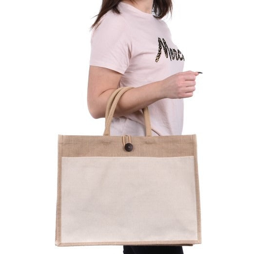 حقيبة كبيرة من الجوت بجيب كبير من الجوت - 34 سم × 43.5 سم