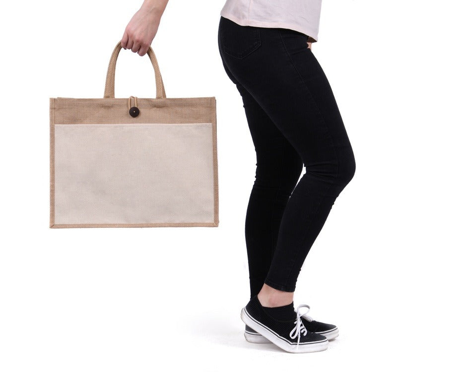 حقيبة كبيرة من الجوت بجيب كبير من الجوت - 34 سم × 43.5 سم