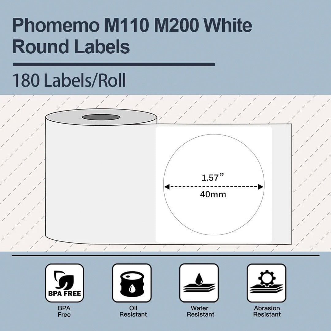 Phomemo Printer Labels 40 x 40mm Round White Label – 1 Roll (180 labels/per roll) - XY4040