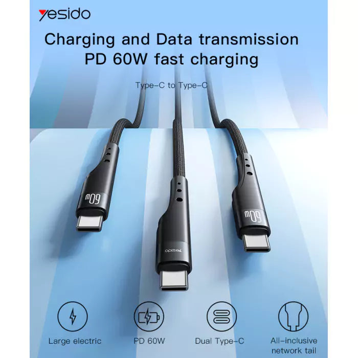 Yesido CA116 Braided Data Cable PD Fast Charging Cable - 3M / 60W / Type-C - Black