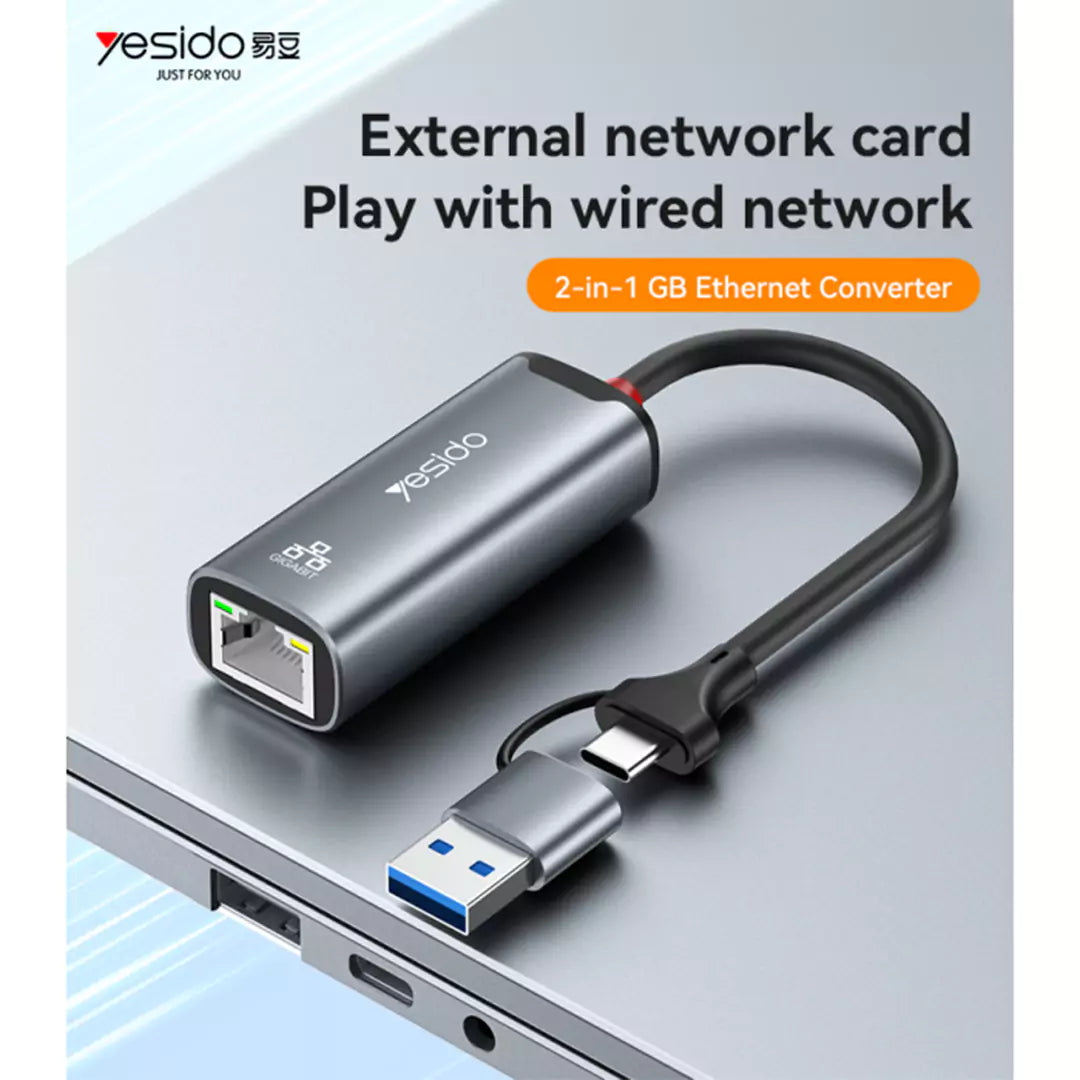 Yesido HB26 Dual-Port Network Adapter - Type-C & USB 3.0 to Gigabit Ethernet Converter