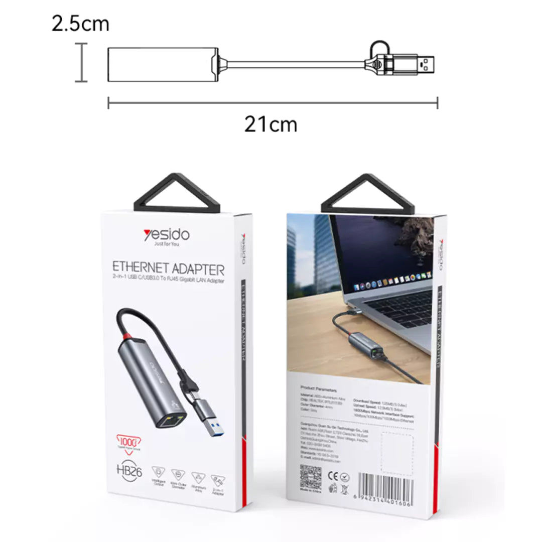 Yesido HB26 Dual-Port Network Adapter - Type-C & USB 3.0 to Gigabit Ethernet Converter