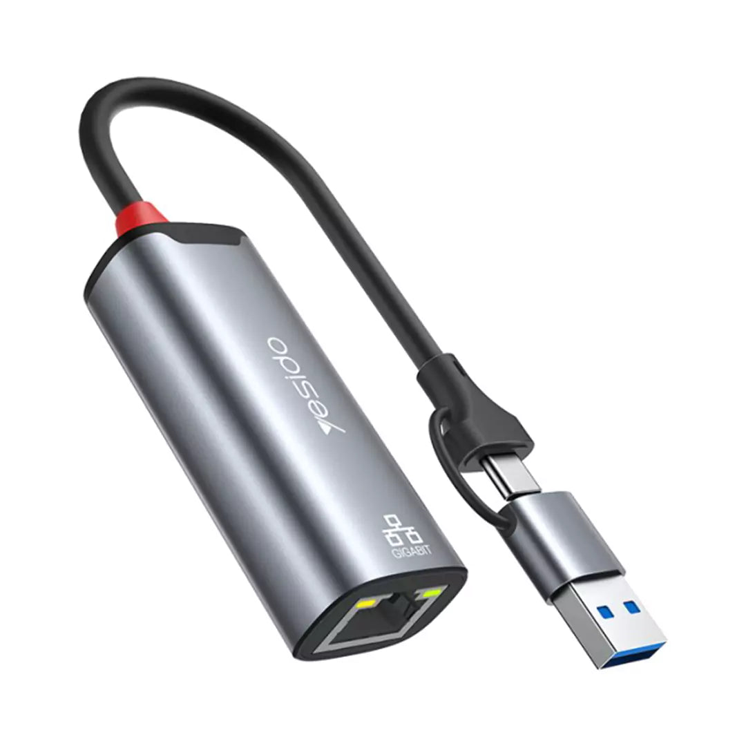Yesido HB26 Dual-Port Network Adapter - Type-C & USB 3.0 to Gigabit Ethernet Converter