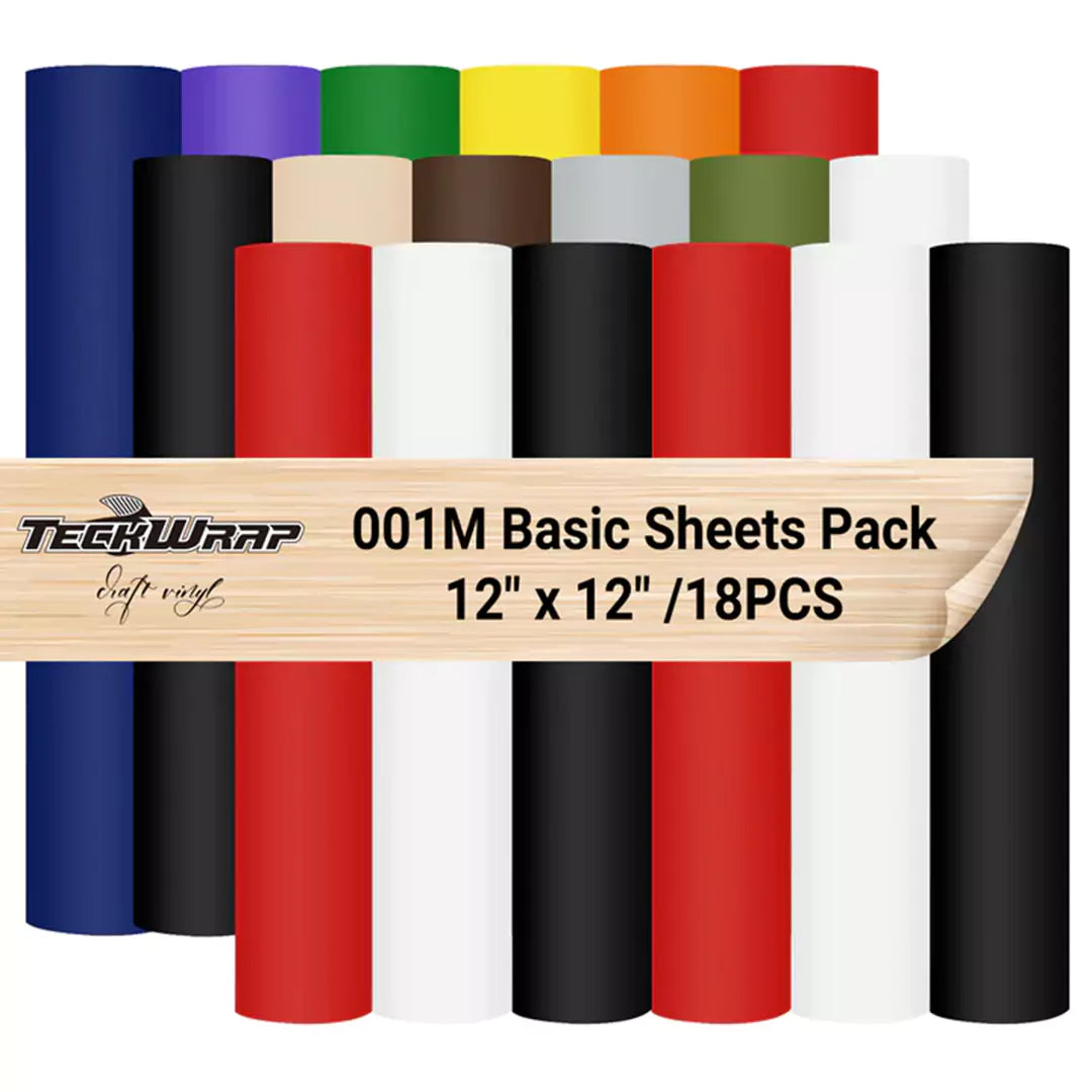 TeckWrap (001M Series) Matte Adhesive Vinyl Basic Color Sheets Pack – 18 PCS / 30.5cm x 30.5cm