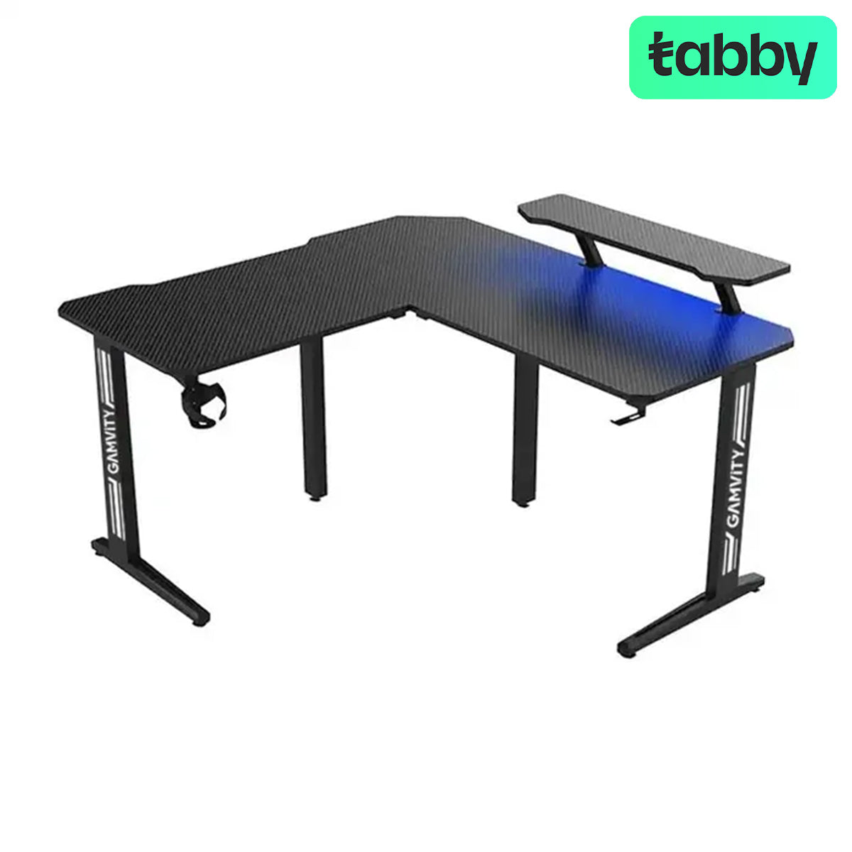 Gamvity Gaming Corner L-Shaped RGB Computer Desk – 130×60×73cm/ Carbon Fiber Surface with Shelf, Cup & Headphone Holder – Black
