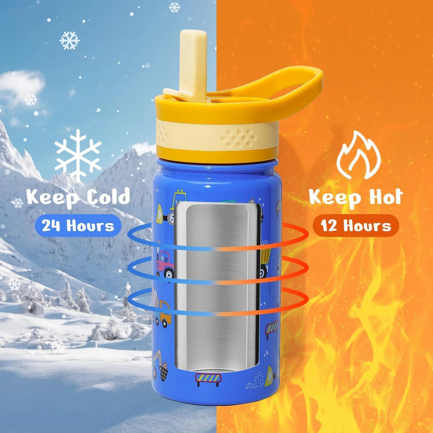 Buzio Kids Insulated Water Bottle with Straw Lid 2 Pack 500ml - Cars and Dinosaur | IT Care Kuwait