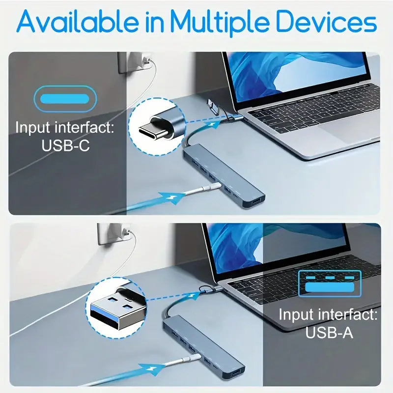 7-in-1 Aluminum USB-C Hub Adapter - 1 USB 3.0, 4 USB 2.0, 2 USB-C Ports Splitter