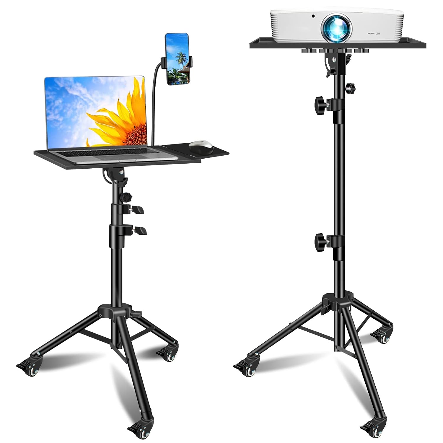 Universal Projector and Laptop Tripod Stand with Gooseneck Phone Holder and Wheels  – Adjustable Height from 31.9 Inch to 63 Inch