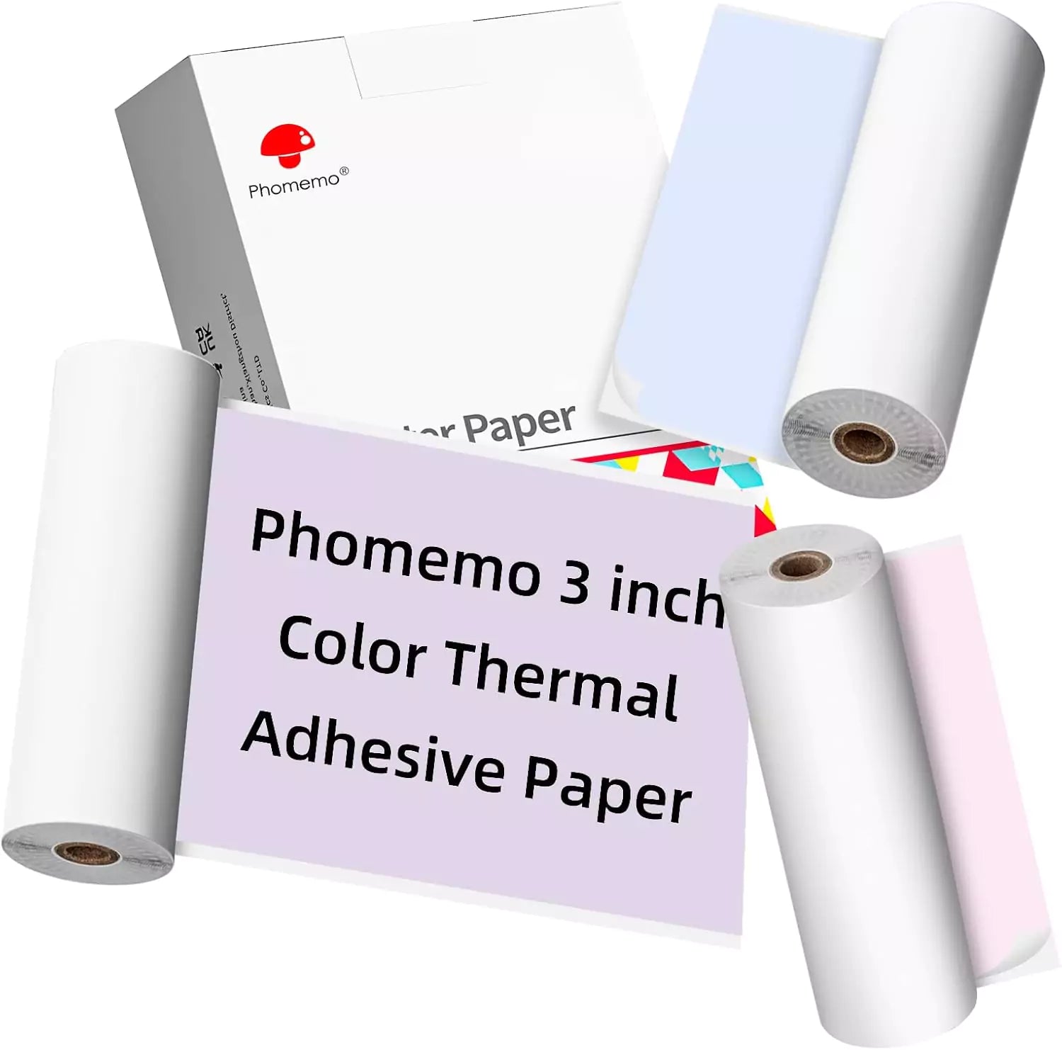 Phomemo Adhesive Thermal Paper – 77mm x 3.5m / 3 Roll / Purple/Pink/Blue - Q22-RMS-PBPU-77