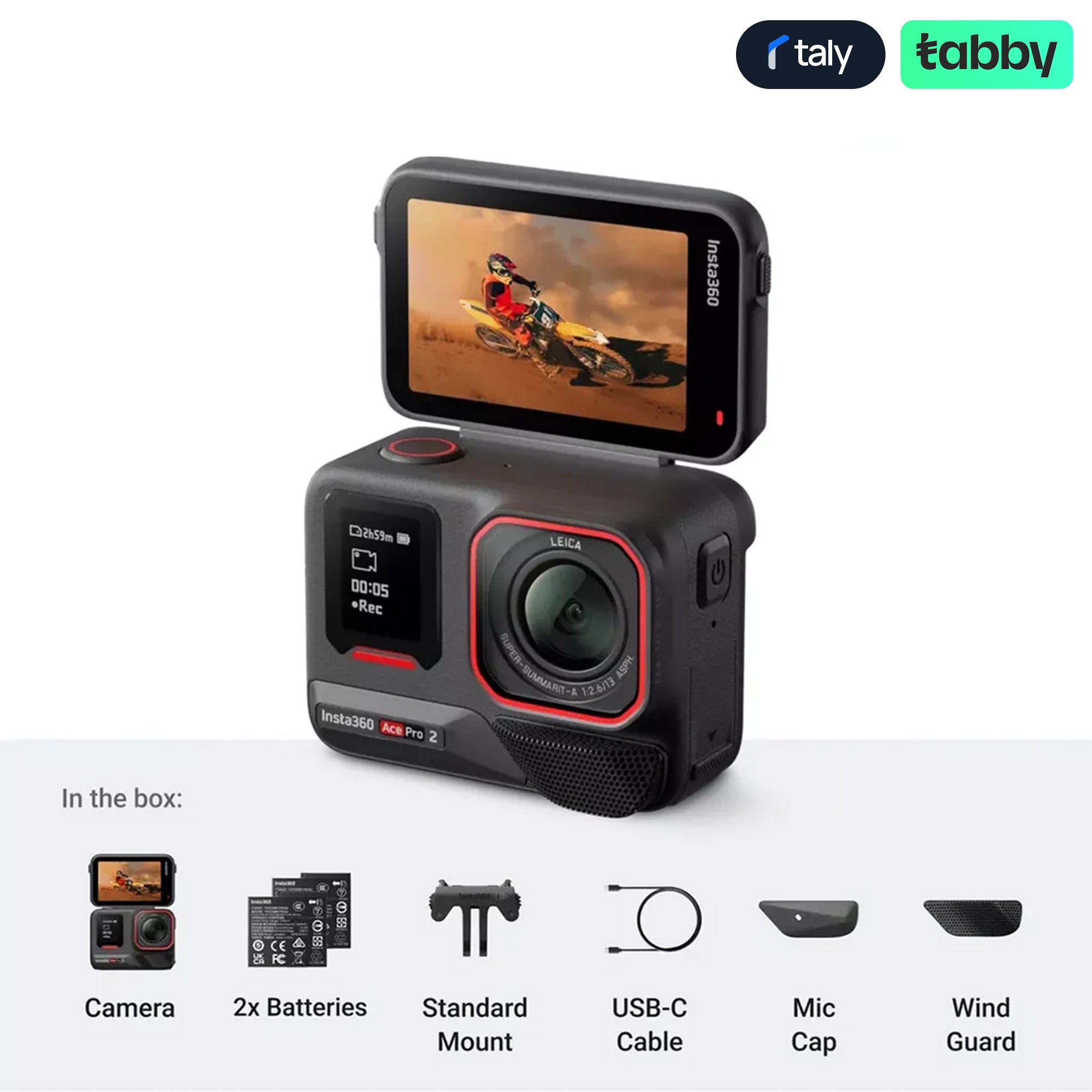 حزمة Insta360 Ace Pro 2 القياسية: كاميرا حركة بدقة 8K مزودة بتقنية الذكاء الاصطناعي وعدسة Leica وبطاريتين