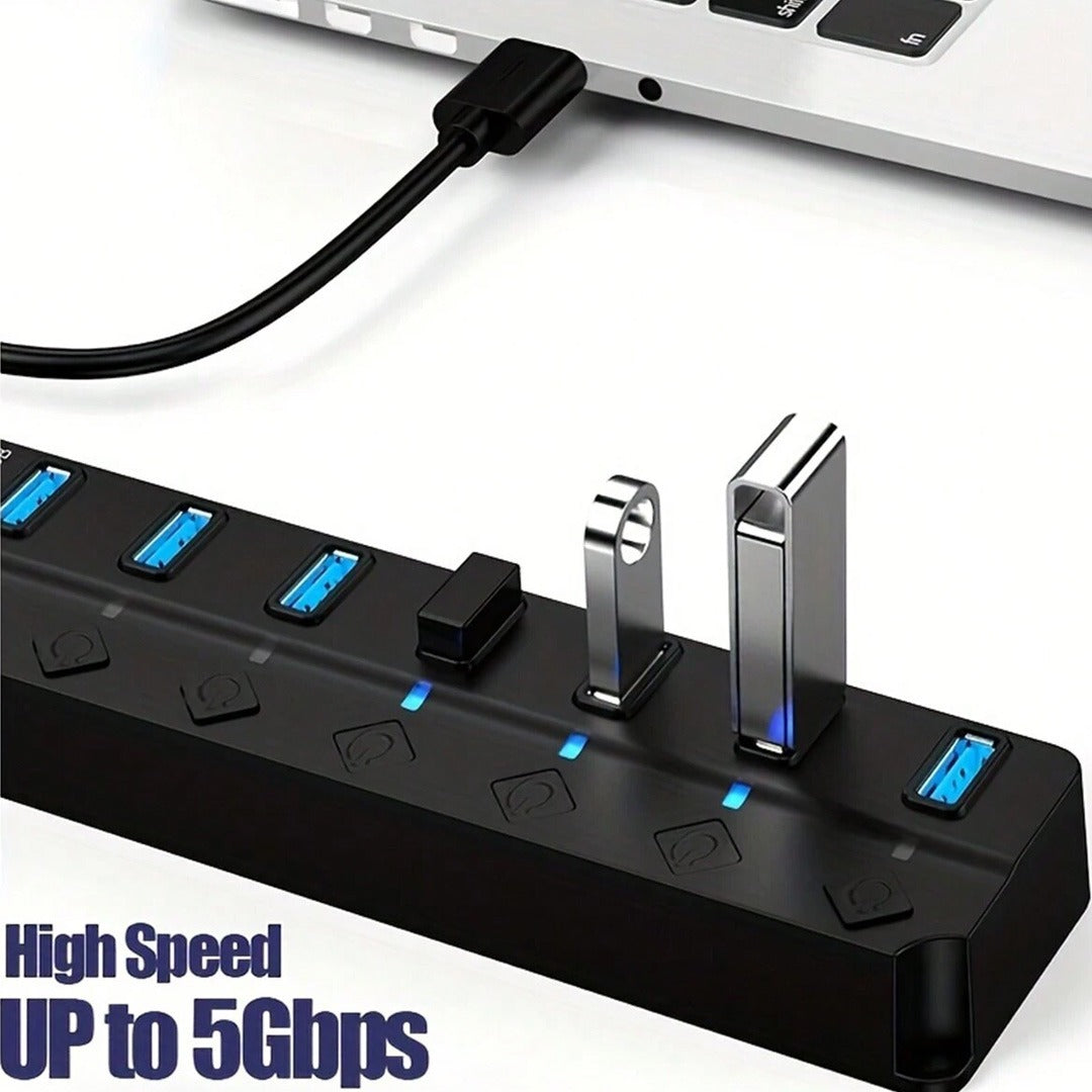 7-in-1 USB 3.0 Hub Splitter – 7 Ports Extender with Switch, 30cm Cable for Laptop PC