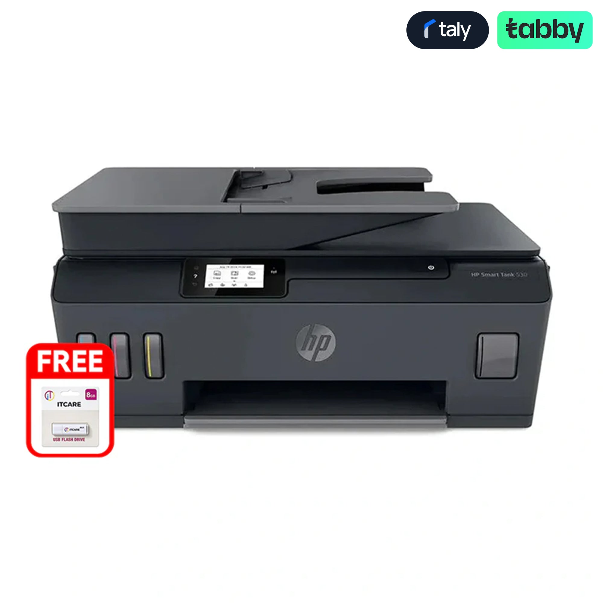طابعة HP Smart Tank 530 اللاسلكية متعددة الوظائف – 11 صفحة في الدقيقة / 4800 نقطة في البوصة / A4 / USB / Wi-Fi / Bluetooth / طابعة نافثة للحبر ملونة + محرك أقراص فلاش ITCARE سعة 8 جيجابايت مجانًا