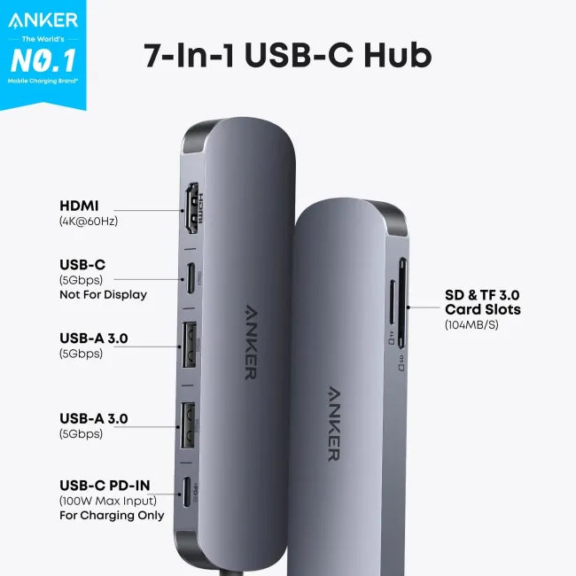 Anker Nano USB-C Hub (7-in-1, 4K HDMI) Gray