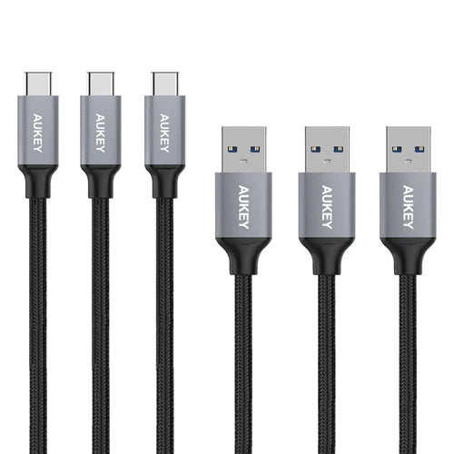 كابلات Aukey من النايلون المضفر USB 3.0 إلى USB-C - 1 متر / 3.3 قدم / أسود / حزمة من 3