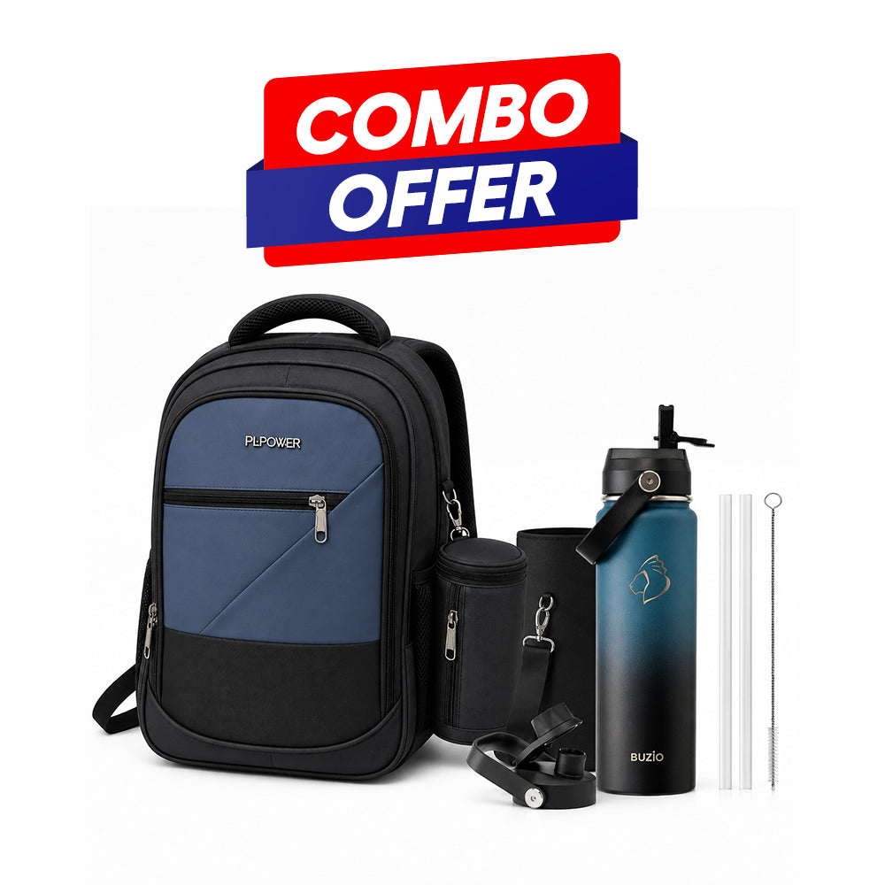 Buzio Water Bottle & Backpack School Essentials Combo – Indigo Crush