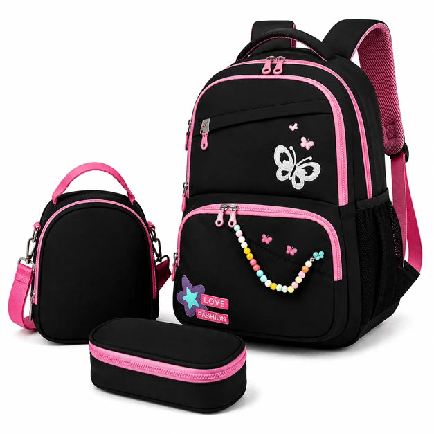 Classic School Backpack with Pencil Case & Lunch Box Case - Black Pink